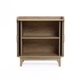 Fluted tambour door oak finish storage cabinet with tray top - LuxenHome