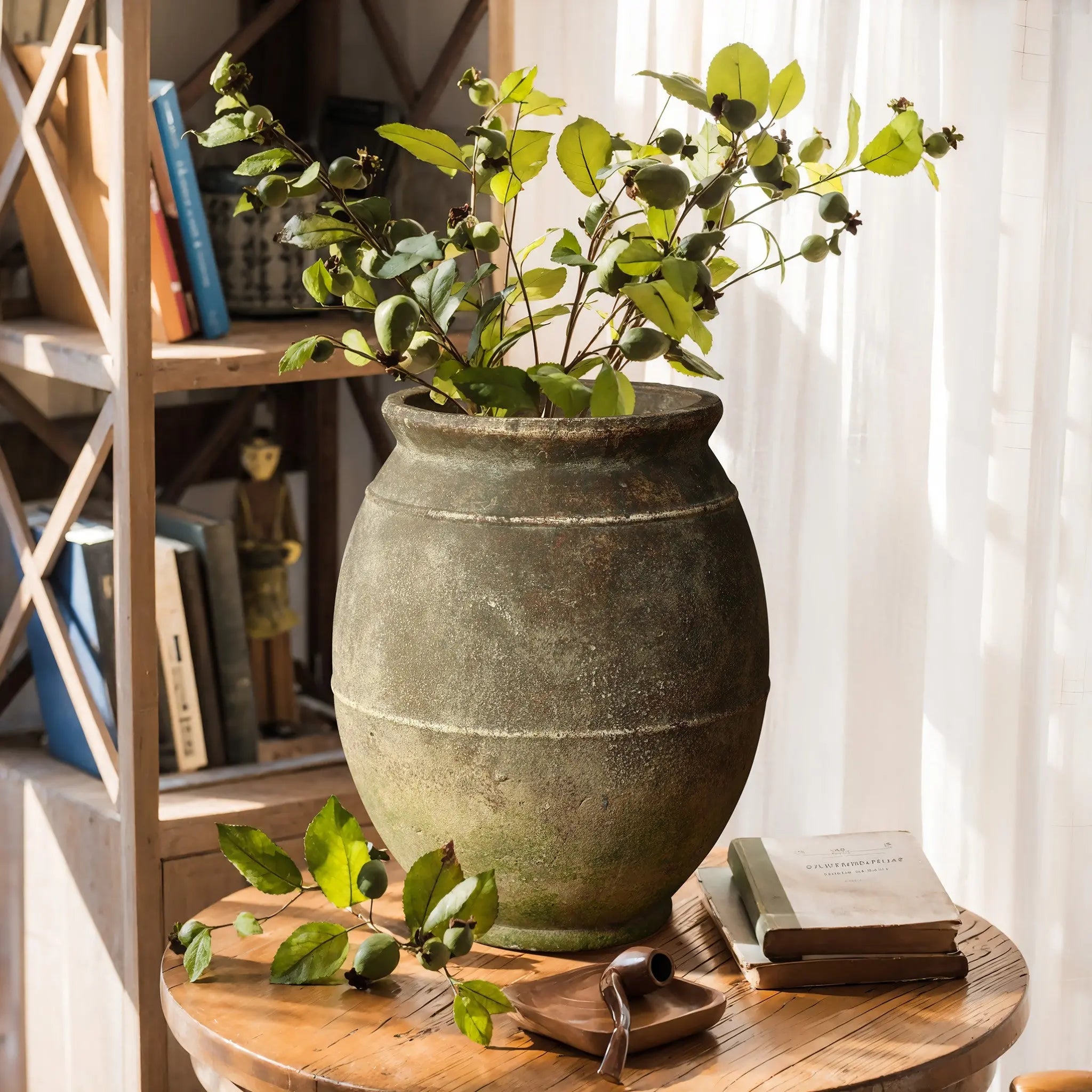 A large, aged terracotta urn vase with green foliage sits on a wooden table next to a stack of books. Bookshelves are visible in the background, softly lit by natural light through a sheer curtain.