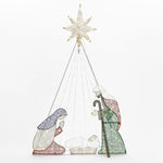 A wireframe Nativity scene with illuminated figures of Mary, Joseph, and baby Jesus shines brightly under the North Star, making it a stunning Christmas decoration.