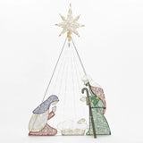 A wireframe Nativity scene with illuminated figures of Mary, Joseph, and baby Jesus shines brightly under the North Star, making it a stunning Christmas decoration.
