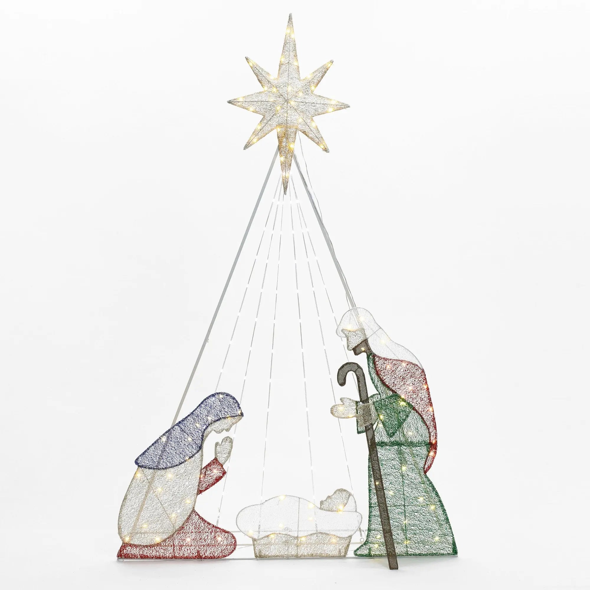 A wireframe Nativity scene with illuminated figures of Mary, Joseph, and baby Jesus shines brightly under the North Star, making it a stunning Christmas decoration.