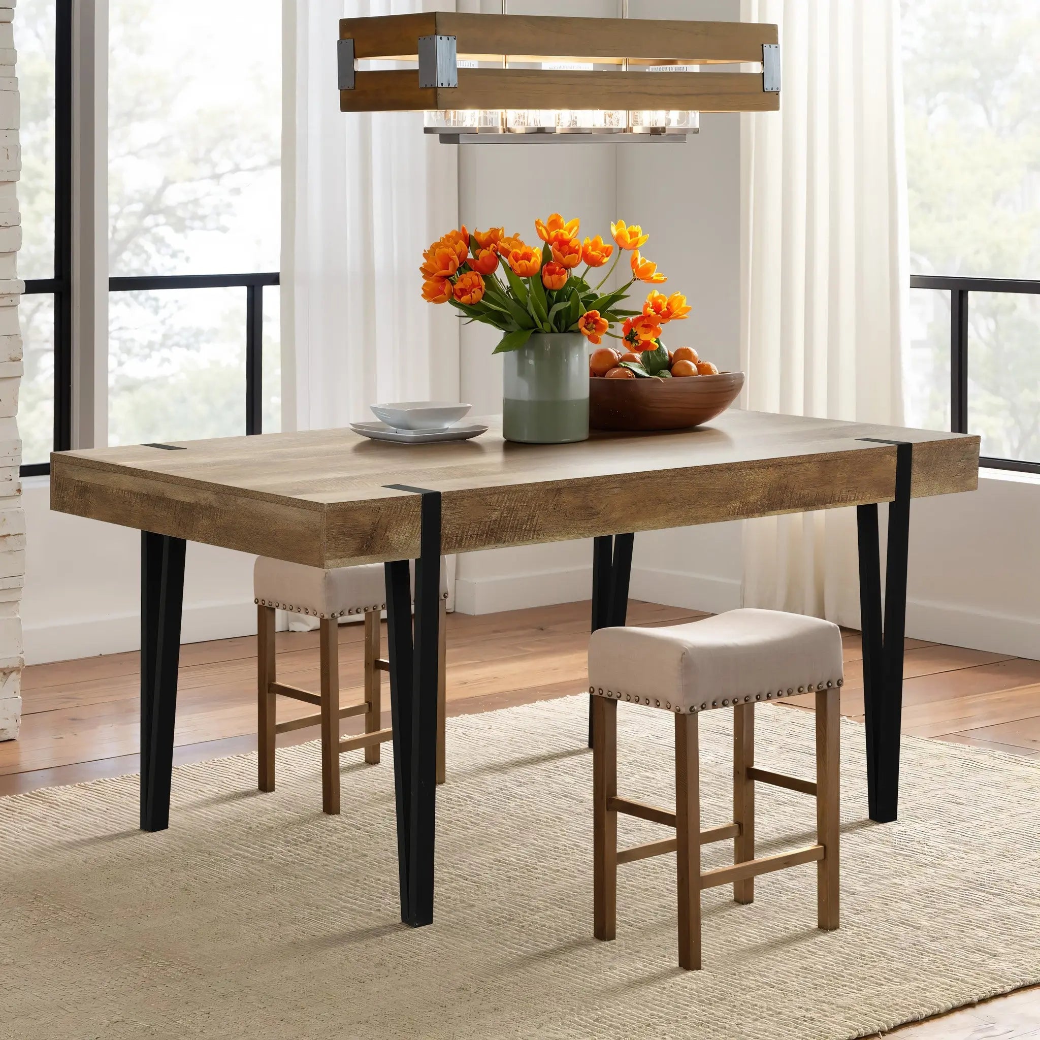 Oak Finish MDF Wood Black Metal Dining Table - LuxenHome