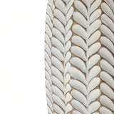 Close-up of the LuxenHome Modern geometric pattern resin tall vase, 13.5 h, featuring intricate geometric leaf designs in textured vertical rows with white leaves outlined in a dark, earthy tone for an organic appearance.