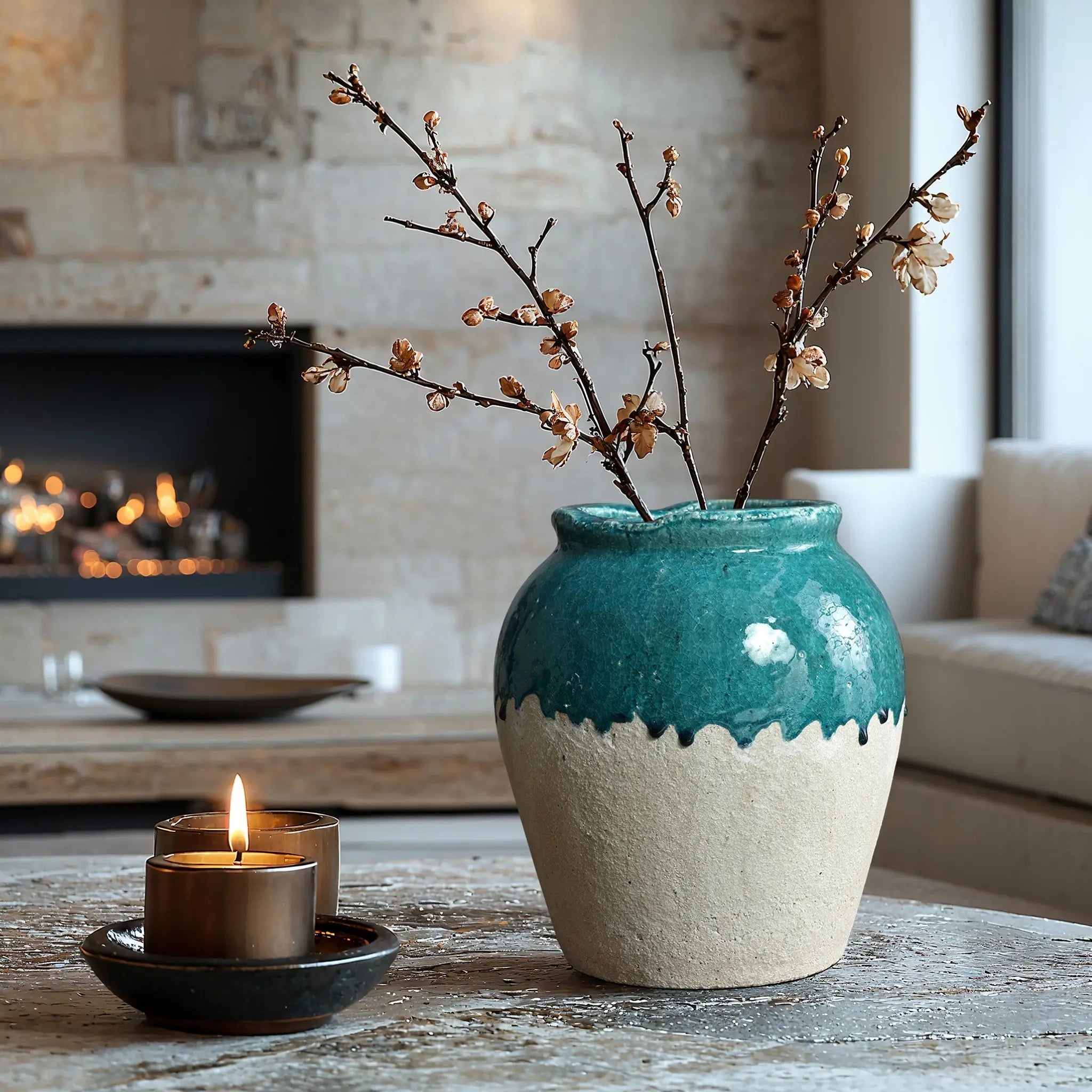 A green and white stoneware vase with decorative branches sits on a table beside a lit candle, adding to the rustic design of the cozy living room.