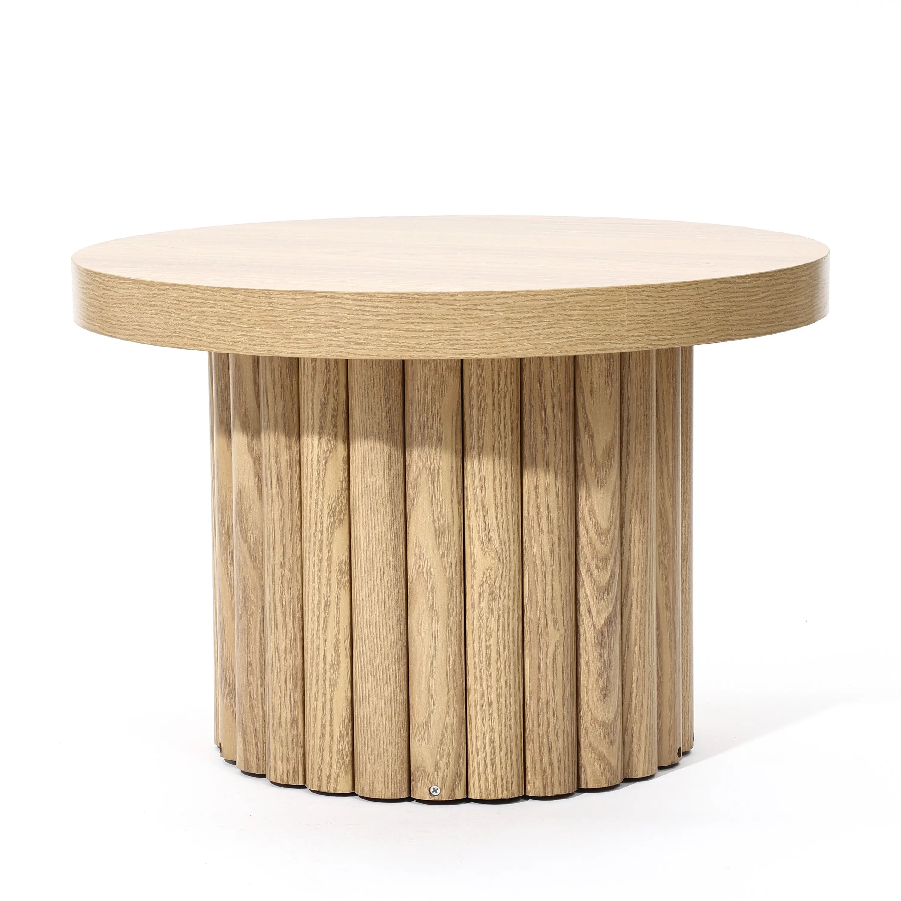 This round wooden table with a cylindrical base featuring vertical slats boasts a modern design and oak finish, making it an ideal coffee table centerpiece.