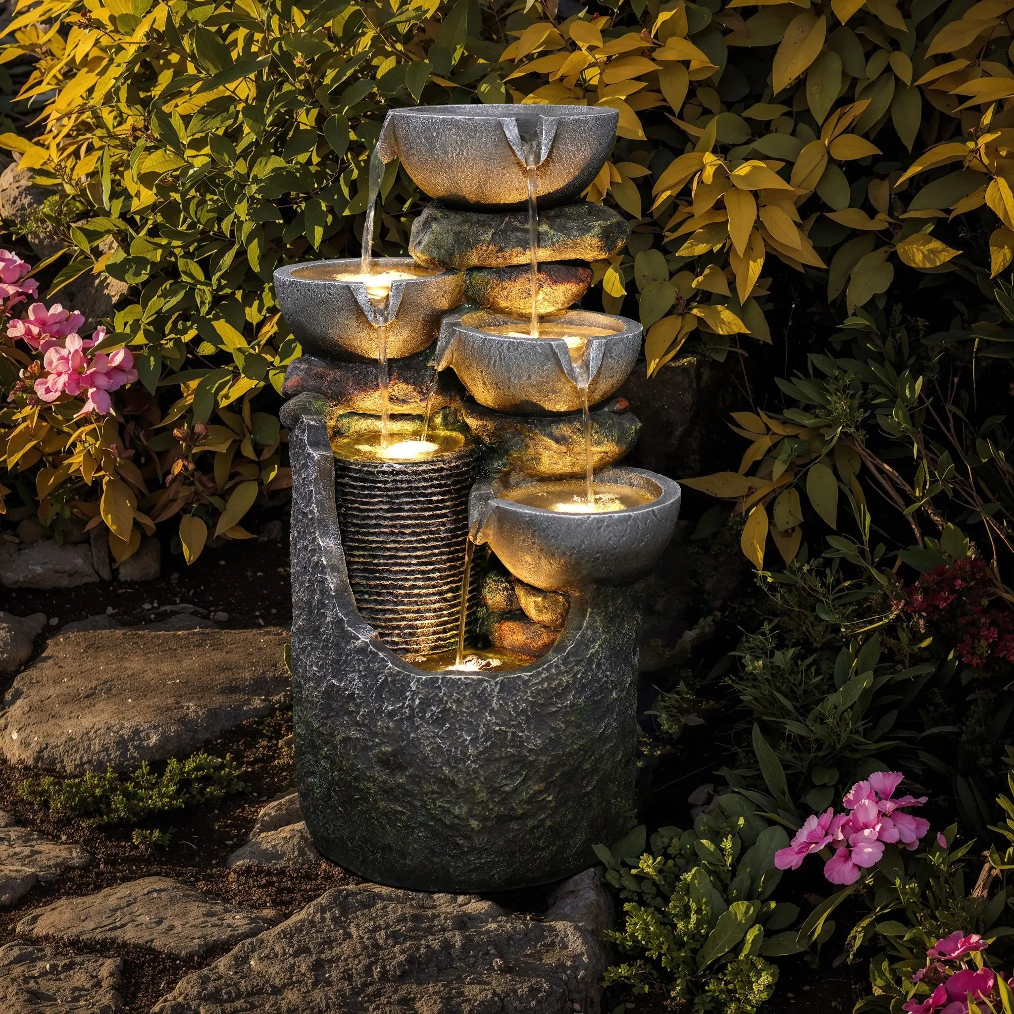 Gray 4-bowl and 5-tier polyresin outdoor water fountain with lights - LuxenHome