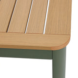 Close-up of a wooden table corner with a durable aluminum alloy frame painted in green. The table features a slatted wood design.