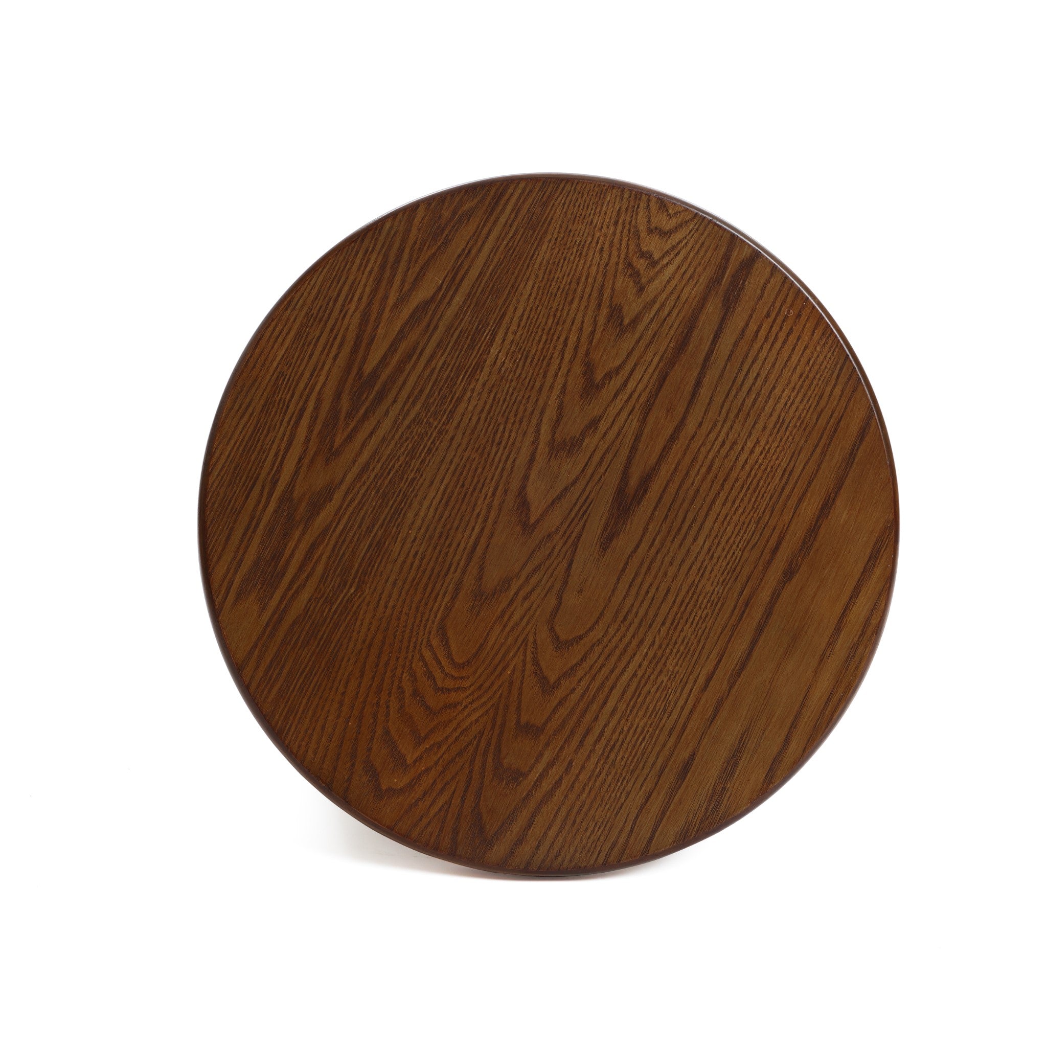 A mid-century modern side table with a round tabletop showcases its high-quality MDF wood and visible grain patterns, viewed from above against a pristine white background.