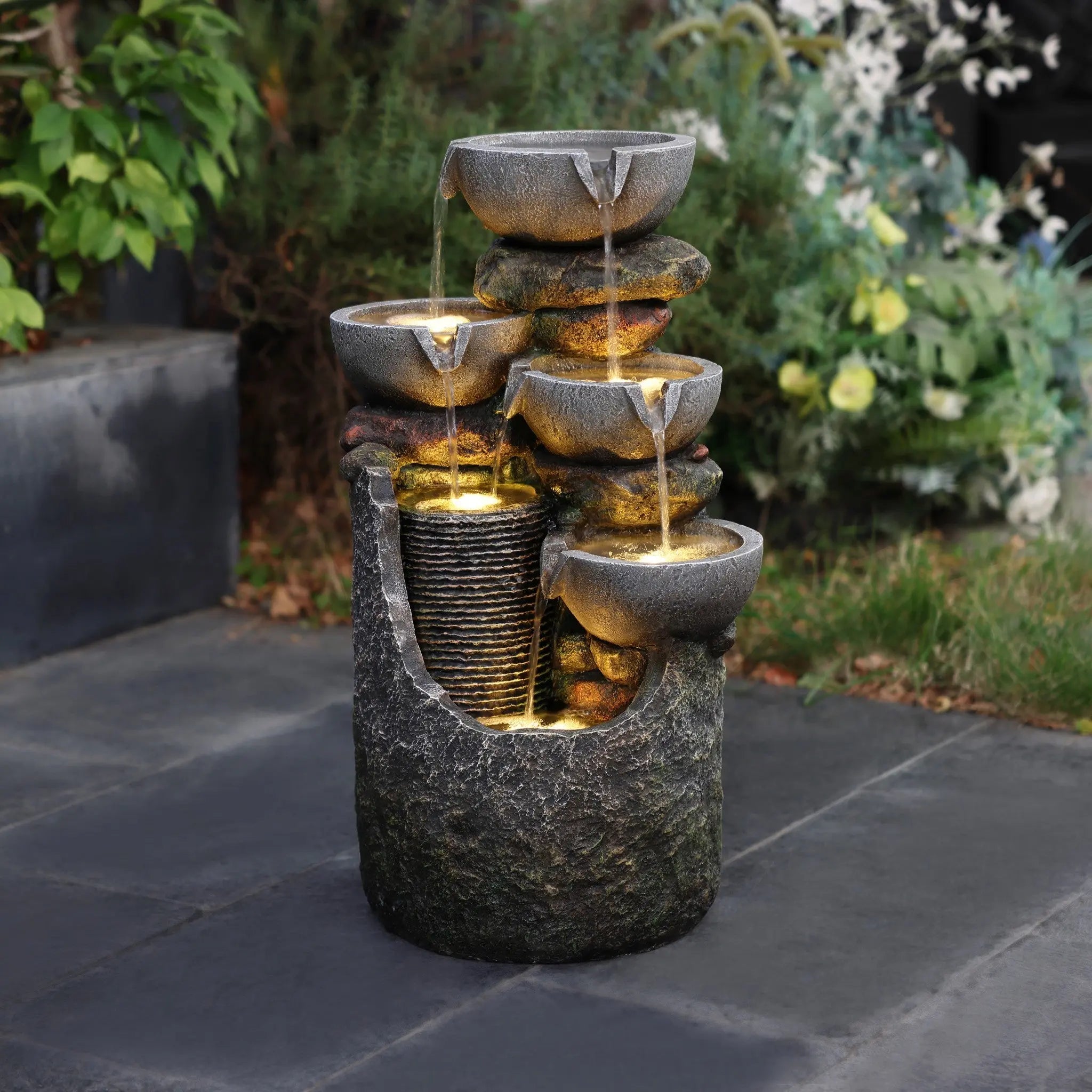 Gray 4-bowl and 5-tier polyresin outdoor water fountain with lights - LuxenHome