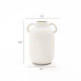 A rustic ceramic vase with two handles, measuring 9.9 inches tall and 7.3 inches wide, brings vintage charm to any space with its 6.1-inch base.