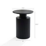 A black cylindrical side table with a modern aesthetic and round top. It features natural wood grain, measuring 17.5 inches in diameter, 12 inches at the base, and standing 22.2 inches tall.