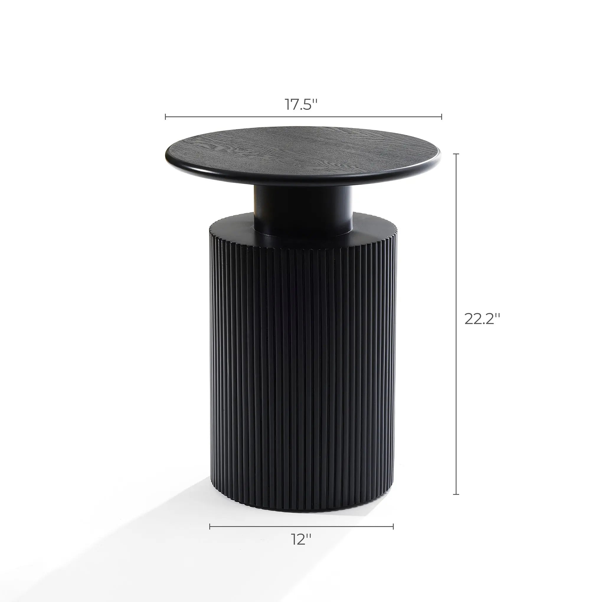 A black cylindrical side table with a modern aesthetic and round top. It features natural wood grain, measuring 17.5 inches in diameter, 12 inches at the base, and standing 22.2 inches tall.