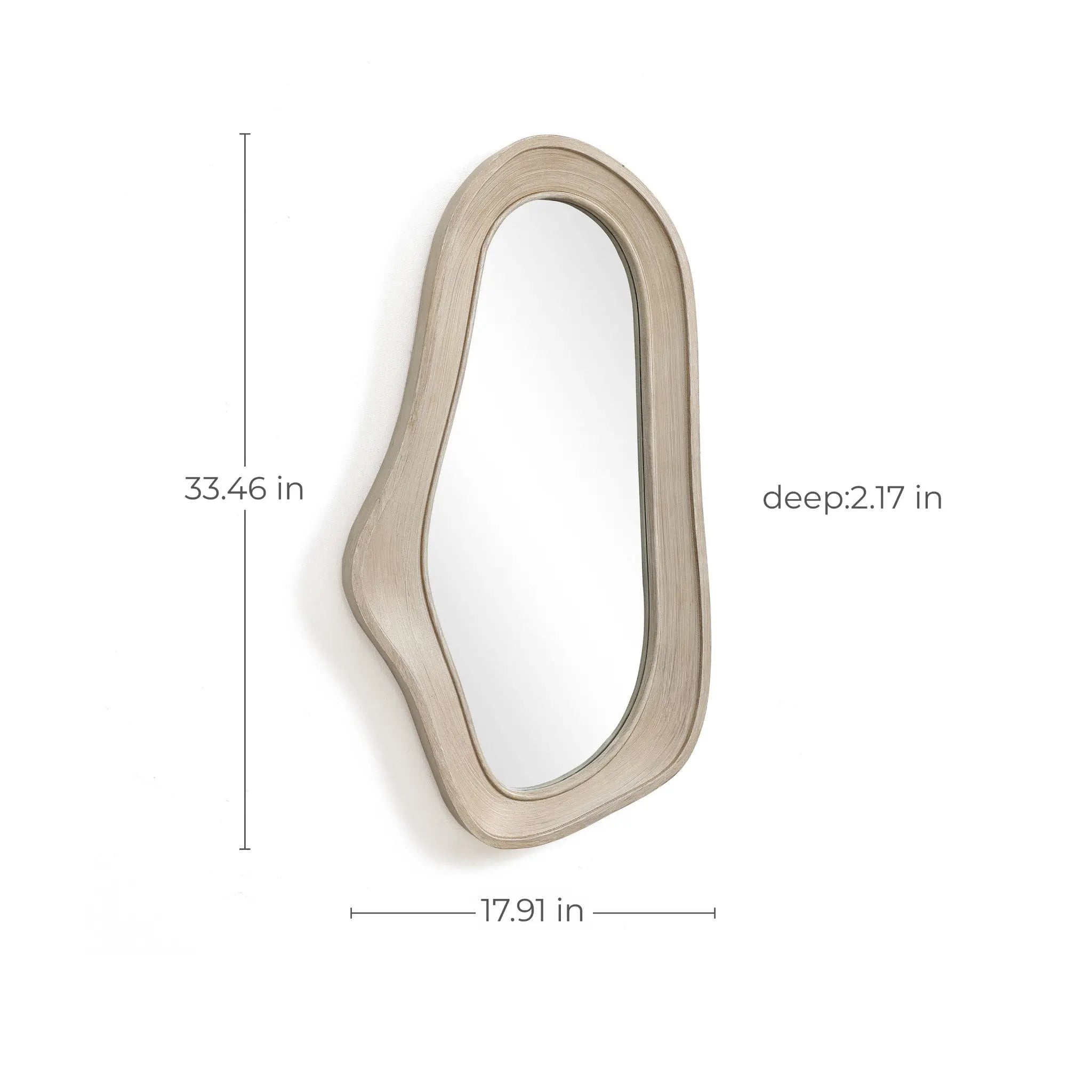 This oval irregularly shaped wall mirror boasts a natural finish wood frame, adding modern home decor flair. Its dimensions are 33.46 inches in height, 17.91 inches in width, and 2.17 inches in depth, perfect for those seeking a distinctive touch in their space.