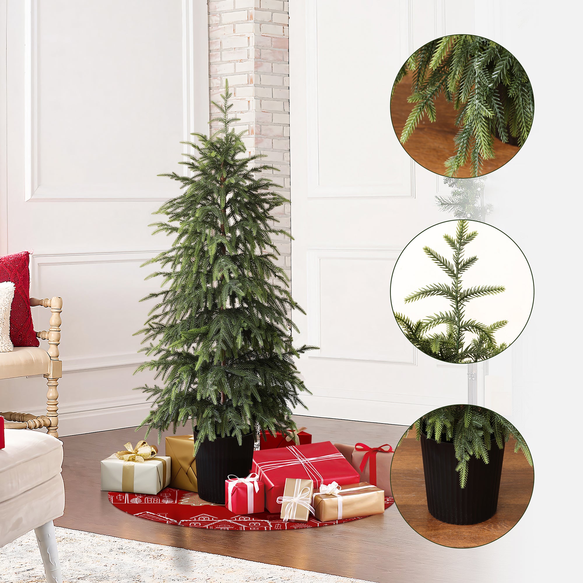 Slim artificial tree in black pot stands on wooden floor with wrapped gifts around; 3 insets close-ups of the branches,needles.
