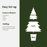 Show the assembly order of an artificial tree: base at the bottom, followed by Part B, Part A on top, with setup,fluffing instructions on the left.