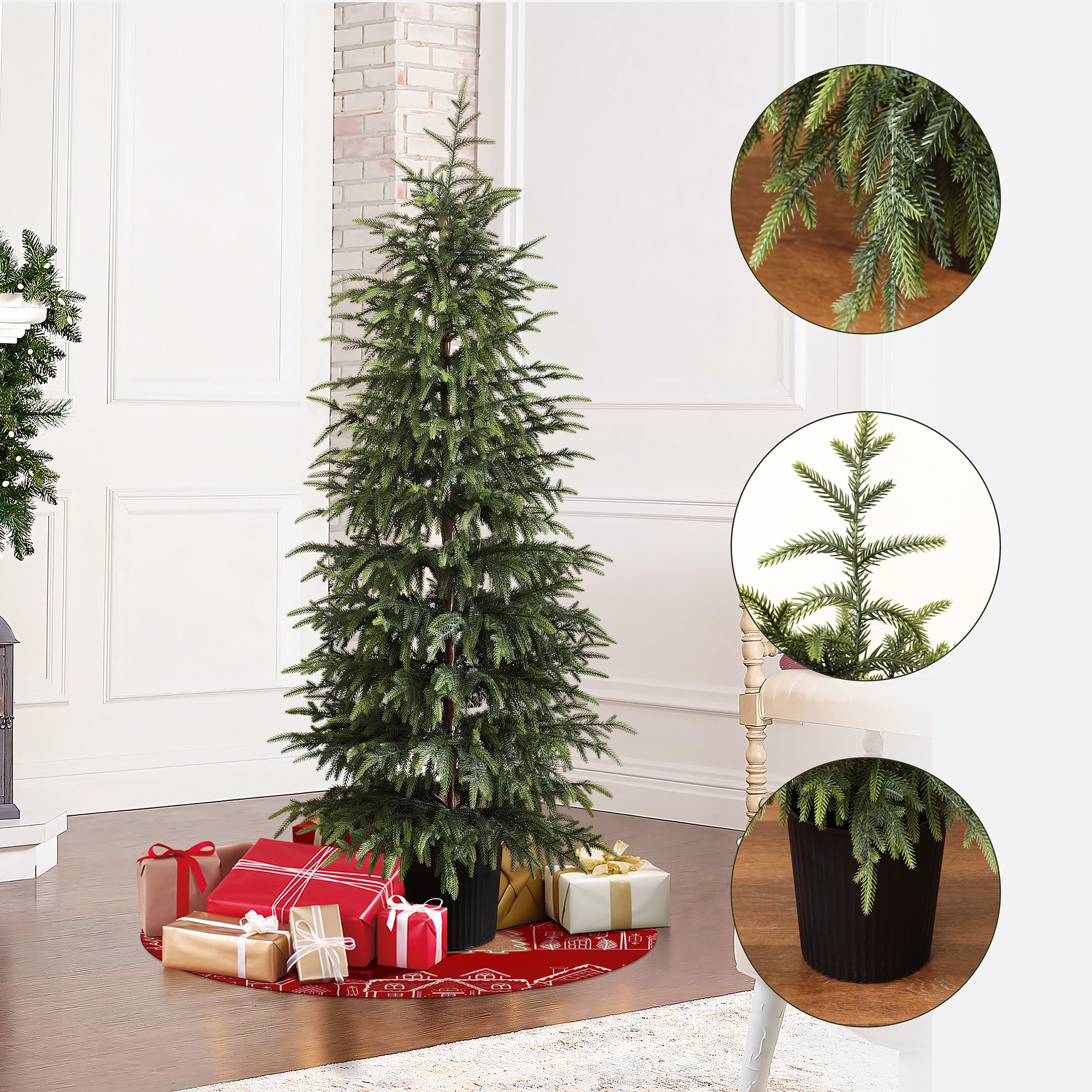 Decor realistic tree stands in living room with wrapped presents underneath; close-up insets highlight the lifelike branches.