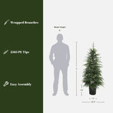 Artificial fir tree in pot stands beside 6 ft silhouette for scale; wrapped branches, 2565 pe tips, easy assembly.