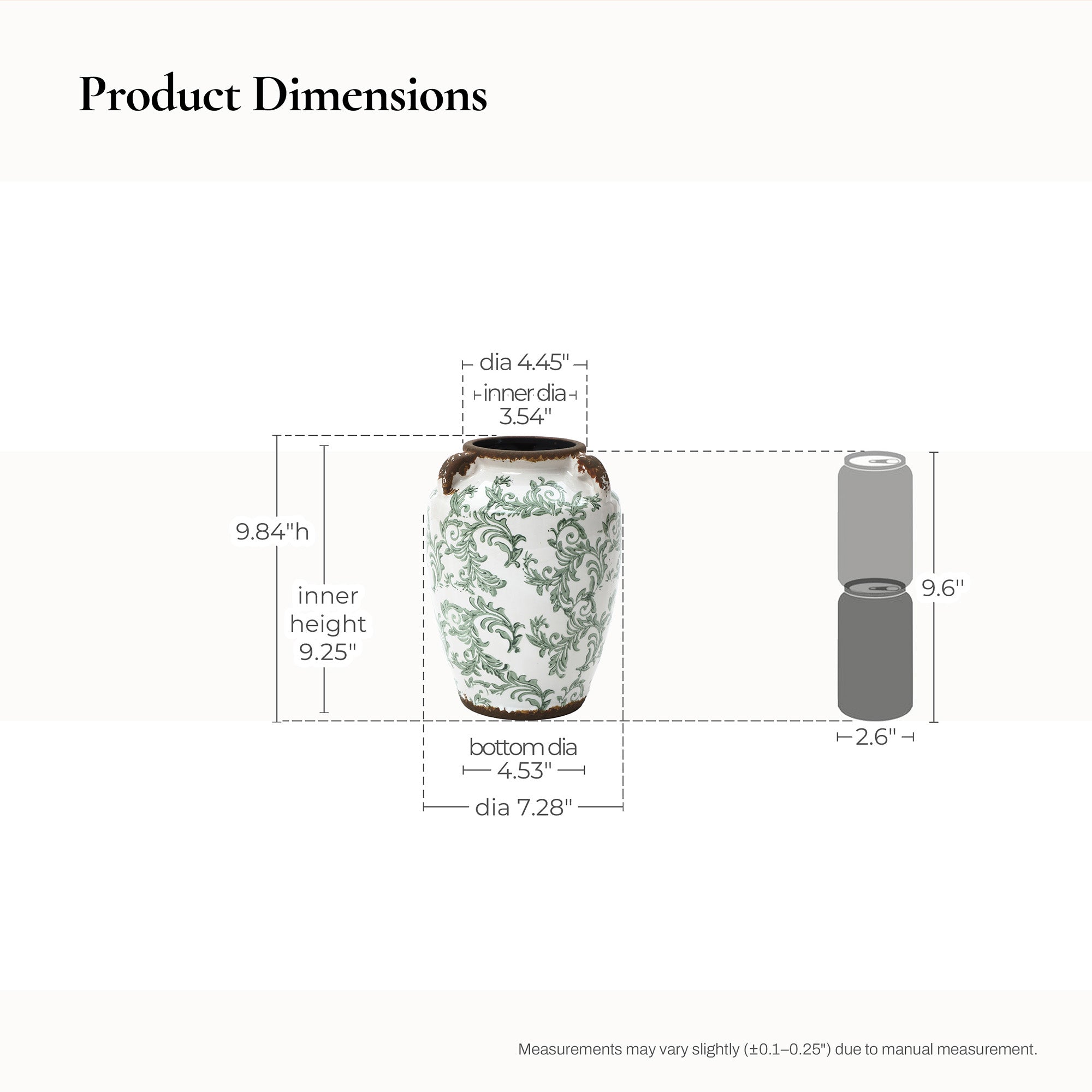 Round floral ceramic vase size: 9.84"h, 9.25 inner h, 4.45 and 3.54 top dia, 7.28 and 4.53 bottom dia.