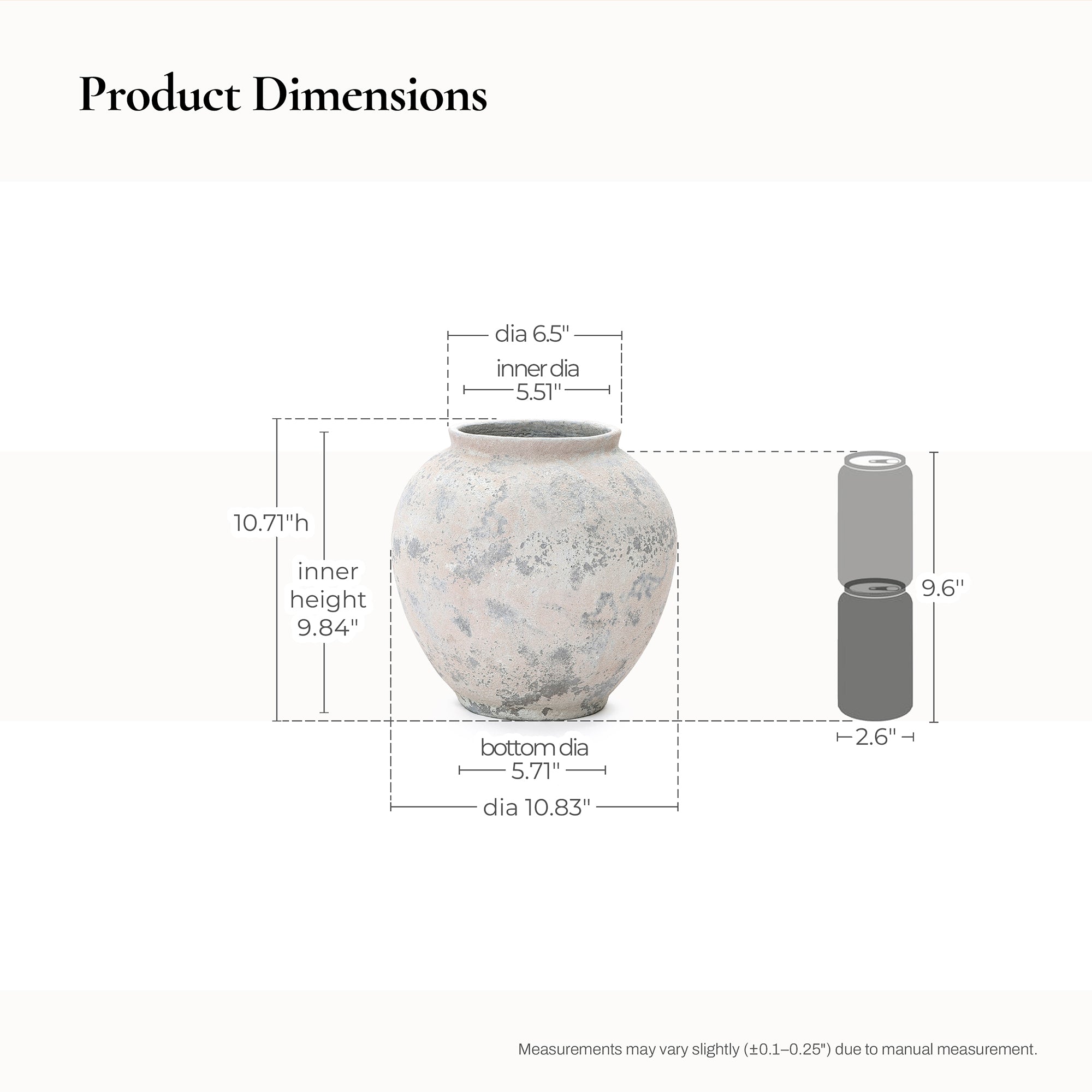 Modern minimalist vase stands 6.5" top diameter, 5.71" bottom diameter, 5.51" inner opening, and 9.84" inner height.