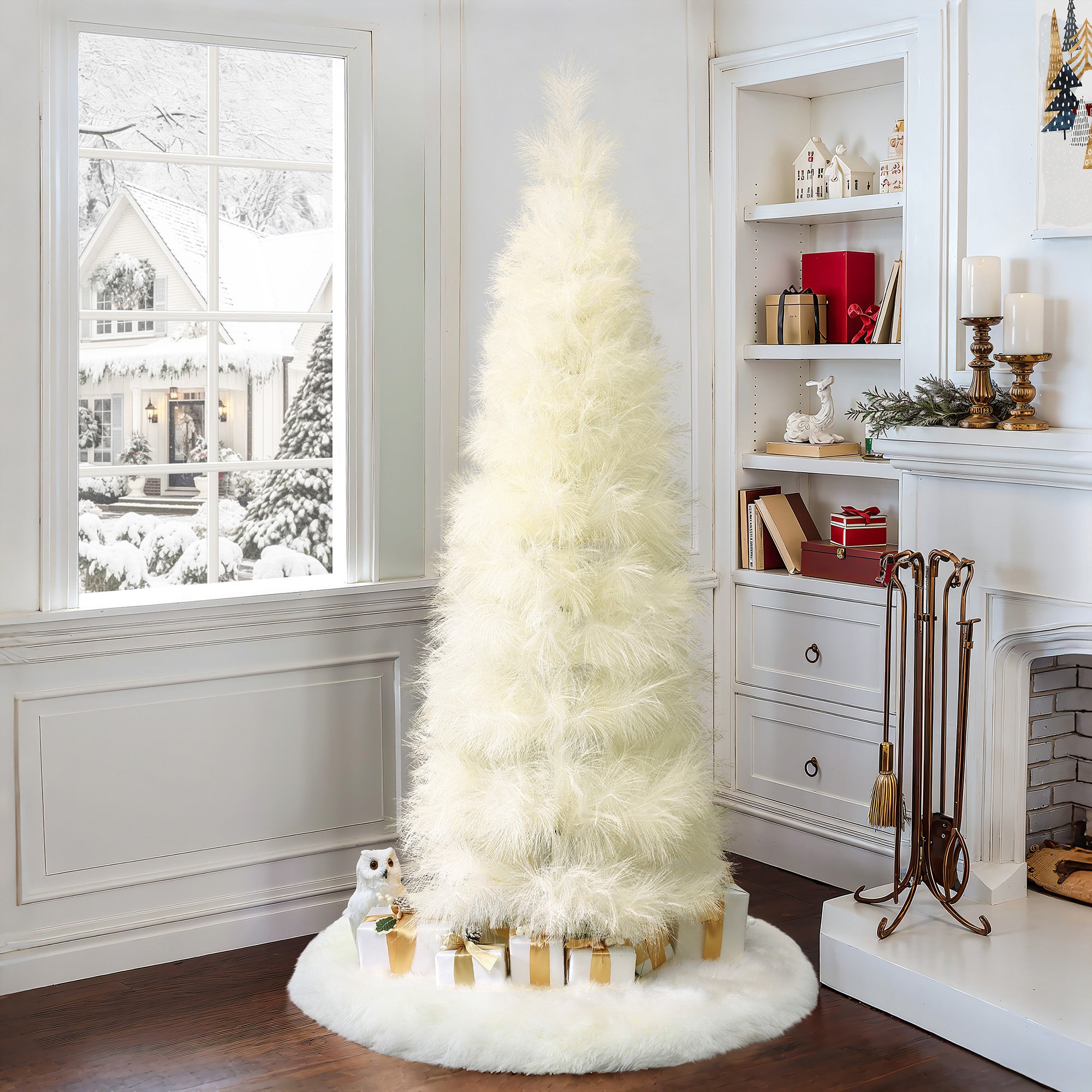 Ivory pampas grass tree adorned with gold presents sits on white rug, snowy scene outside the window.