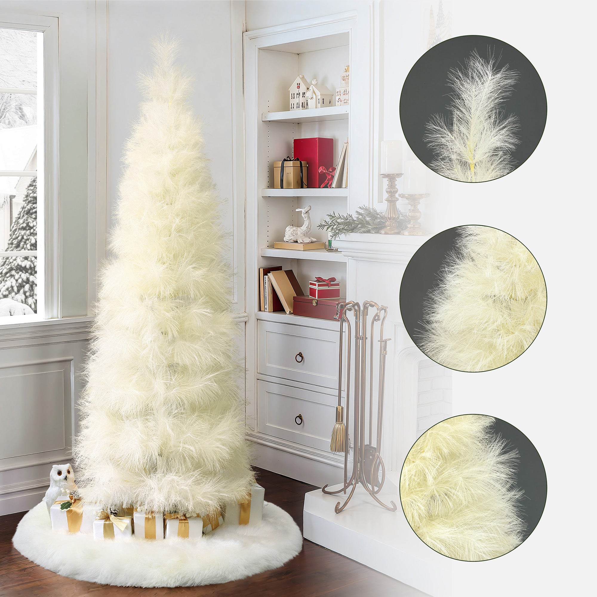 Ivory pampas grass tree with feathery texture stands tall, surrounded by gold-wrapped gifts,  close-up insets of the tree’s unique branches.