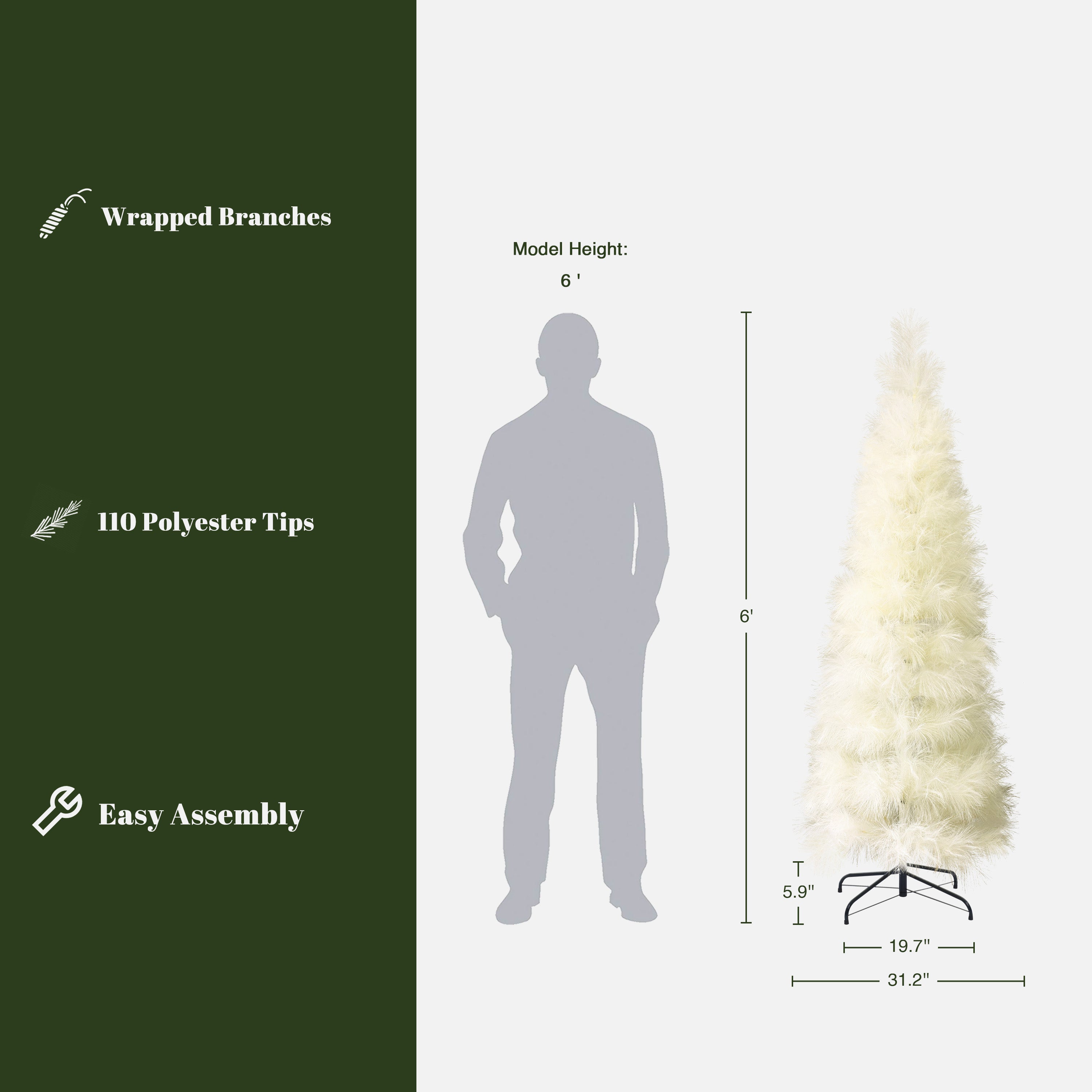 White artificial christmas tree with black base.  Standing 5.9 ft tall, 31.2 '' W, features 110 polyester tips for festive touch.