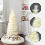 White feather Christmas tree with gold, white gifts at the base, a white owl decor, close-up insets highlighting tree’s delicate texture.
