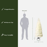 Show 5ft slim pampas grass tree with 86 PE tips, wrapped branches, easy assembly, alongside a 6ft tall human silhouette for height reference.