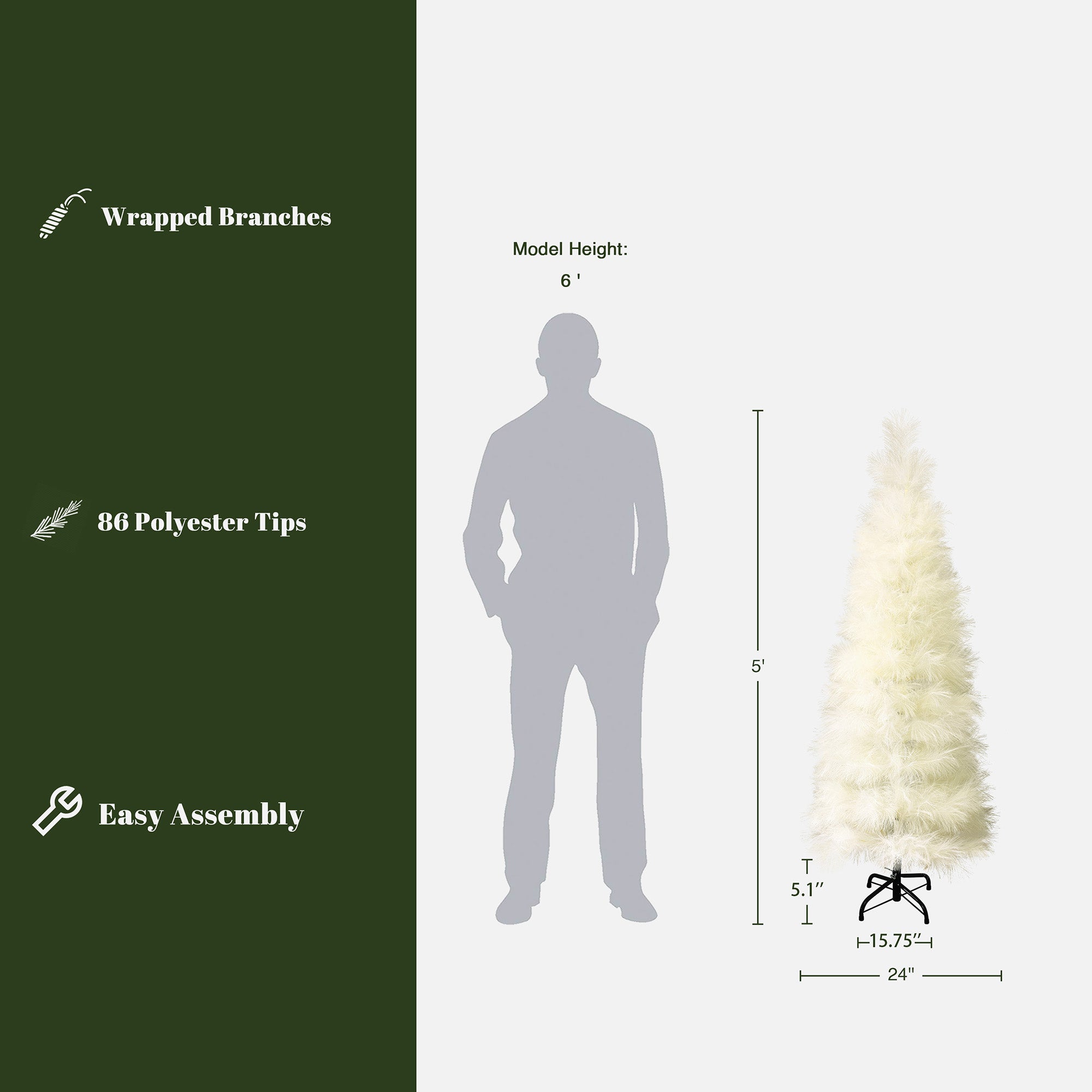 Show 5ft slim pampas grass tree with 86 PE tips, wrapped branches, easy assembly, alongside a 6ft tall human silhouette for height reference.