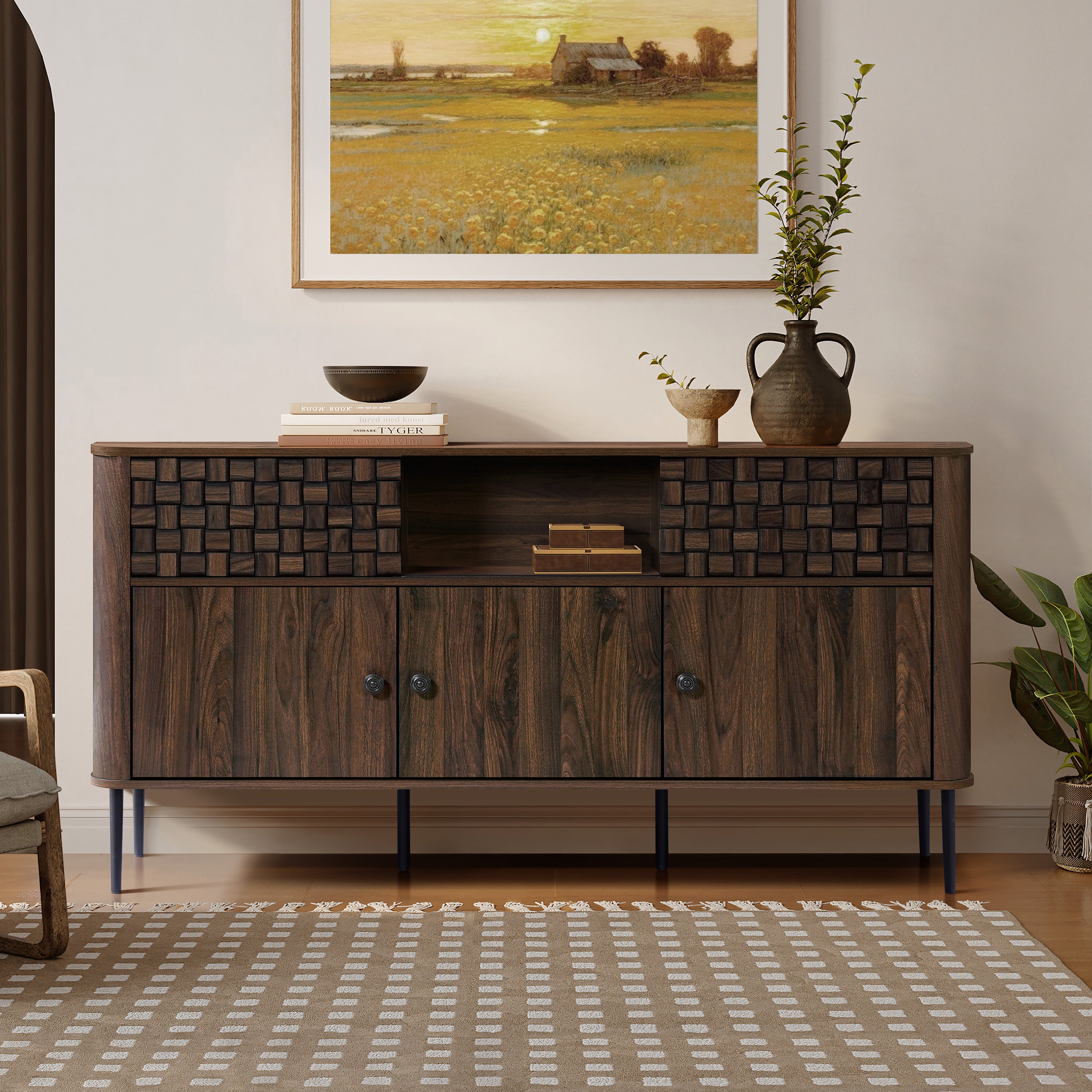 Mid-century modern wood sideboard cabinet with decorative square patterns stands beneath.