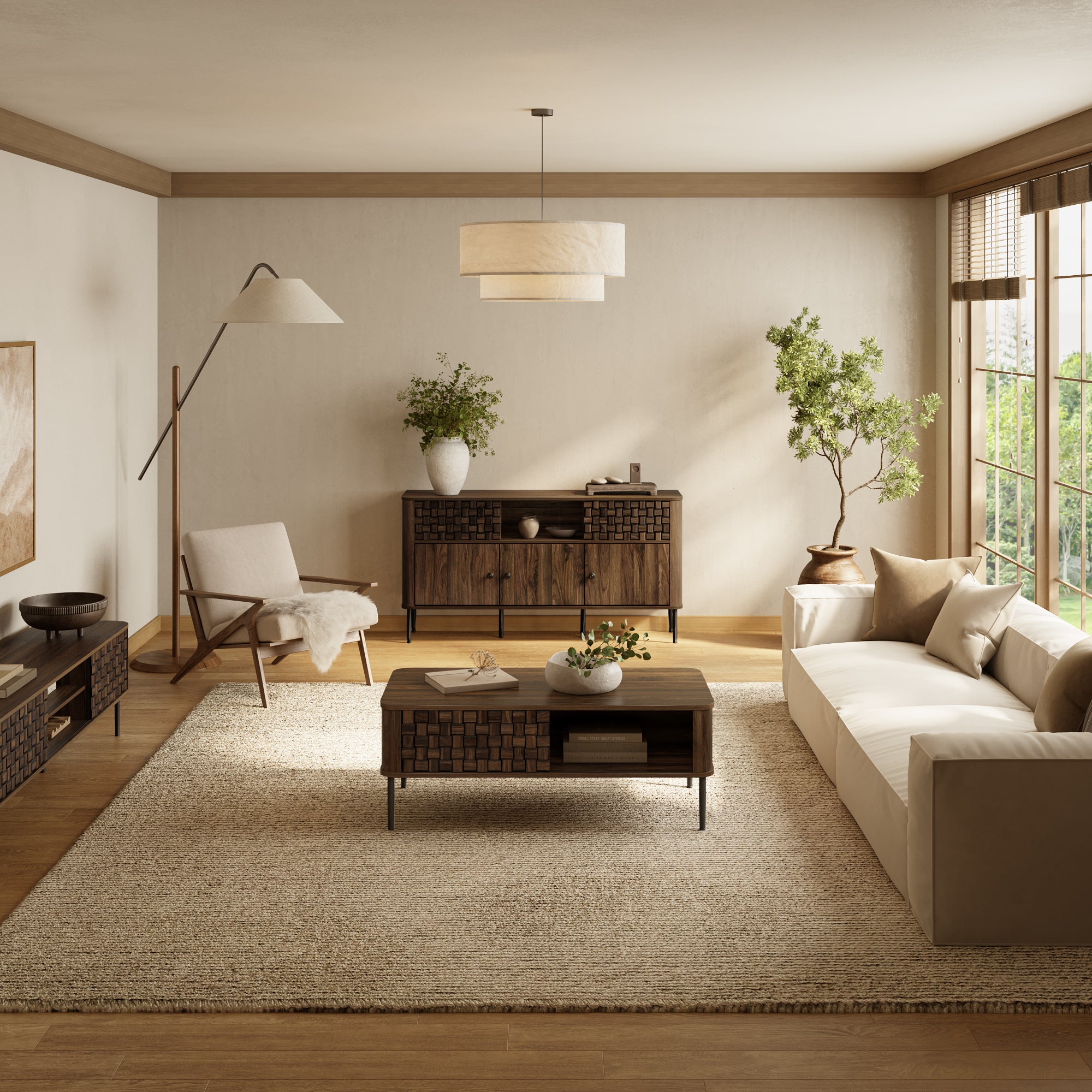 Modern living room with neutral tones, featuring a beige sofa, mid-century modern wood sideboard cabinet.
