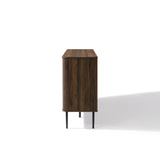 A mid-century modern sideboard cabinet with a dark finish and black metal legs.