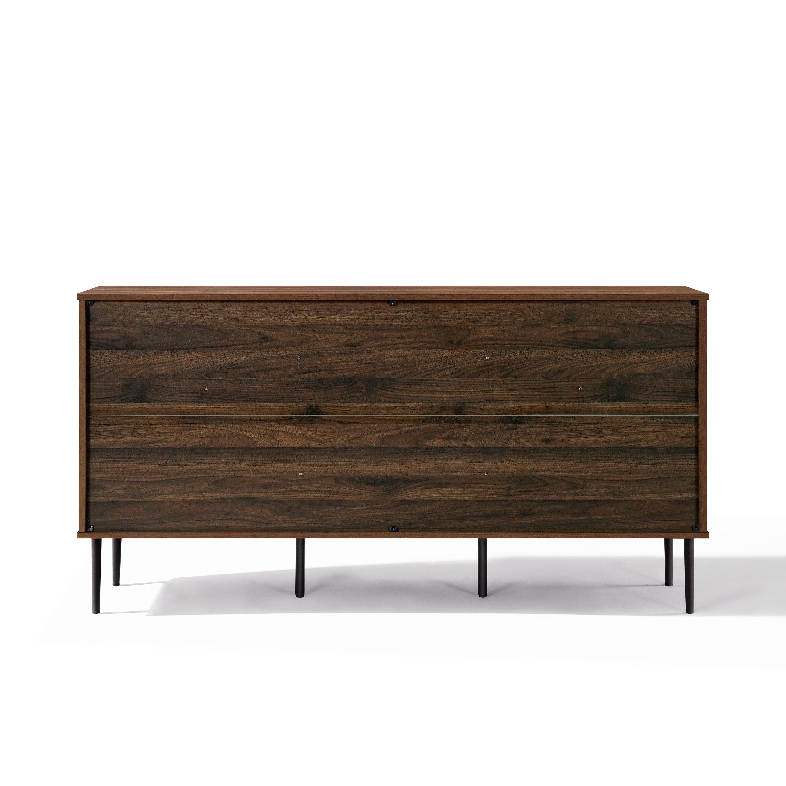 Modern sideboard cabinet with a dark finish, featuring three wide drawers and black metal legs.