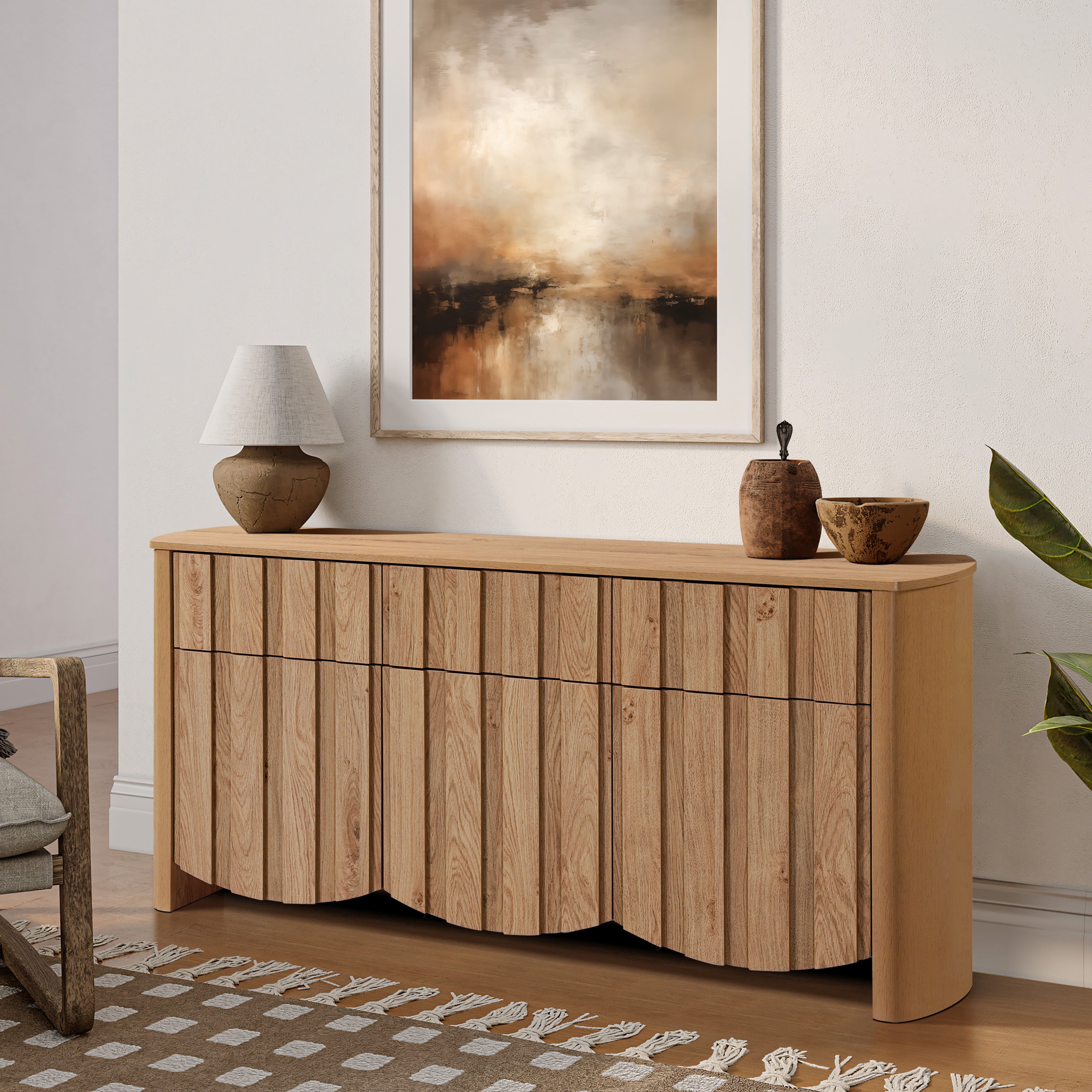 modern wood buffet cabinet sideboard with vertical slats, perfect for hallway or kitchen