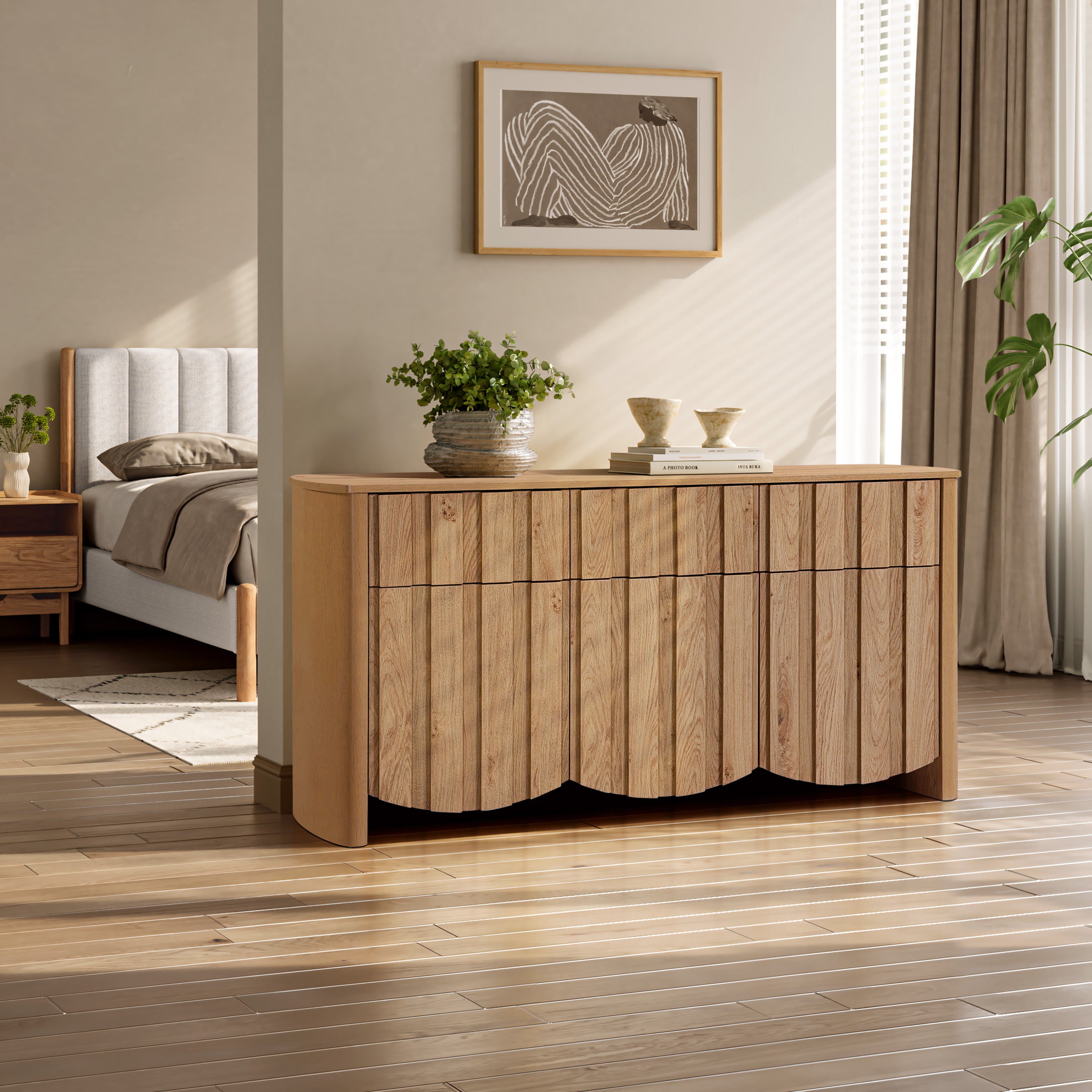 buffet cabinet sideboard featuring vertical slats and oak veneer finish for modern home décor