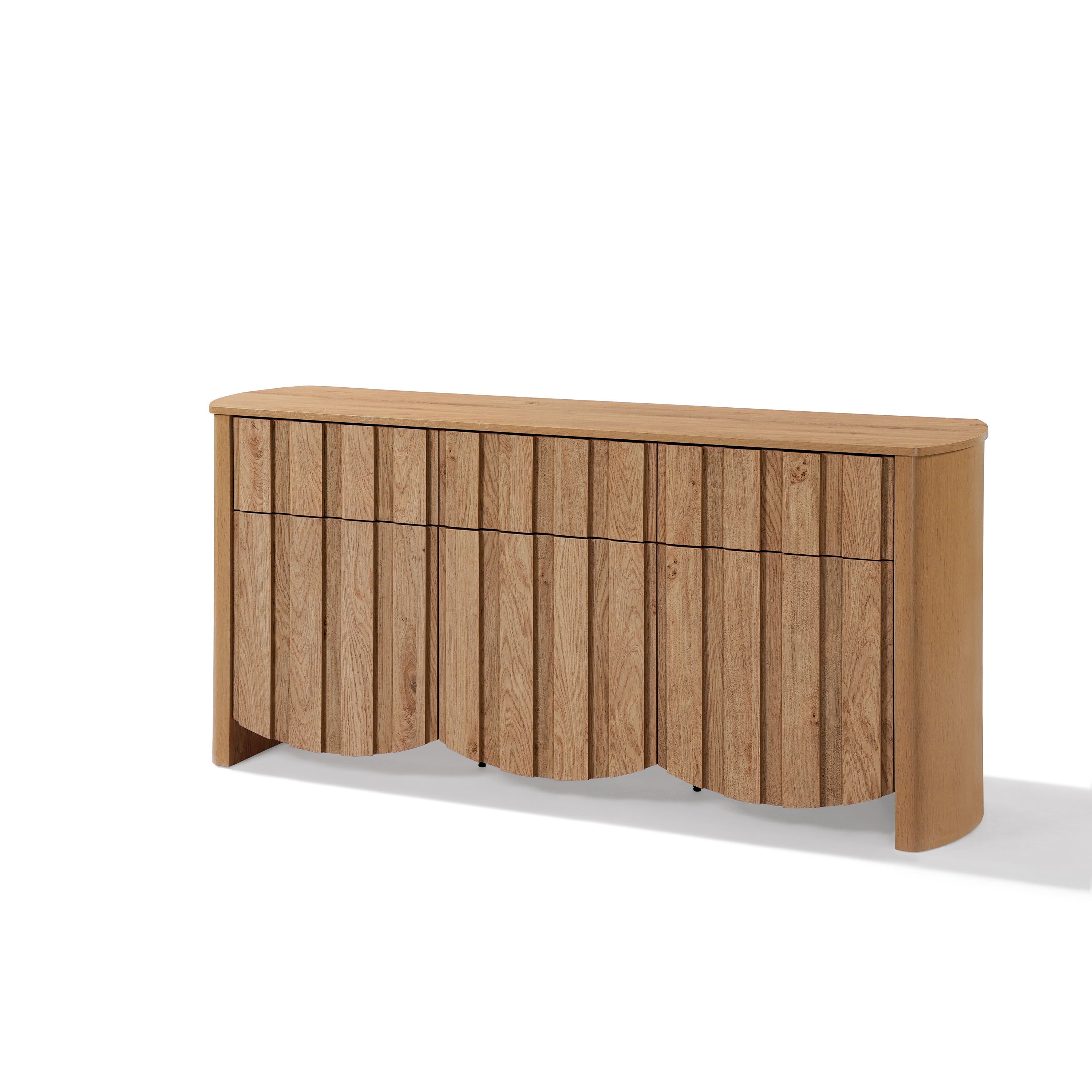 mid-century modern wood sideboard buffet cabinet with slatted doors and ample storage for home décor