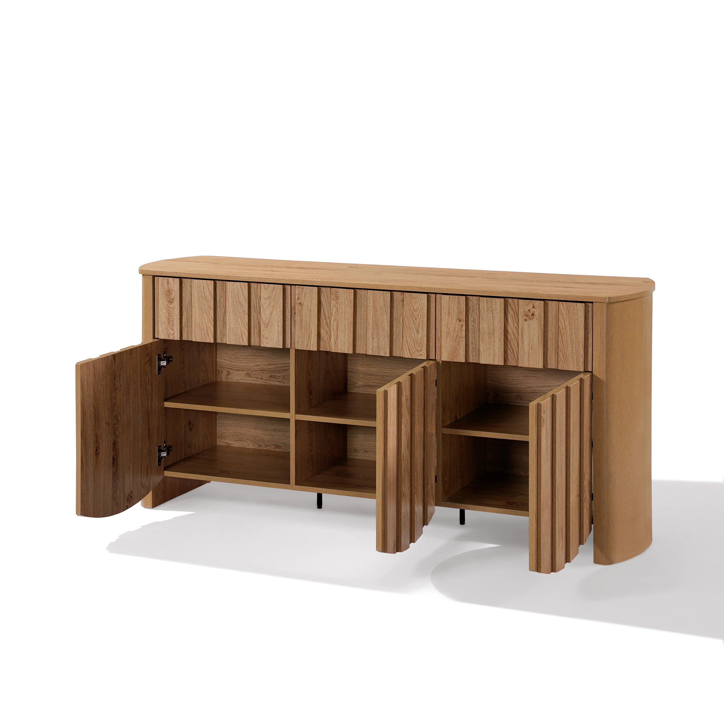 wood buffet sideboard with slatted design and oak veneer finish for stylish and functional living room storage