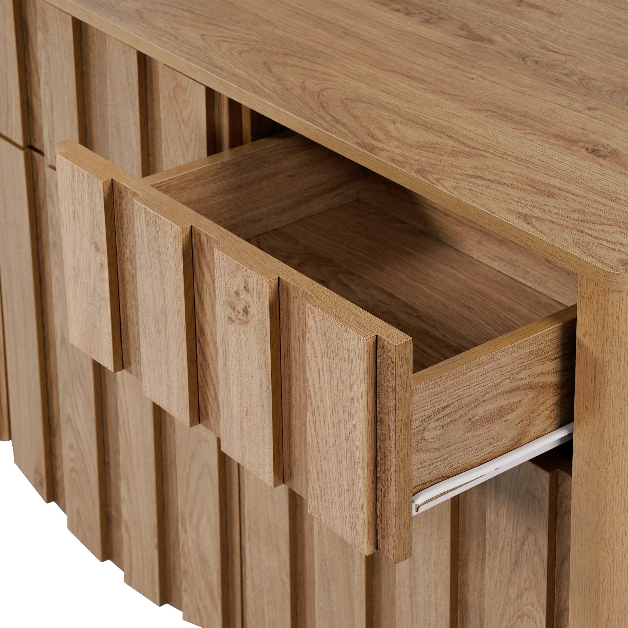 oak veneer buffet cabinet sideboard with mid-century modern slatted design for contemporary storage