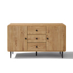 Wood buffet cabinet with two doors, three central drawers, black round handles, and black metal legs.