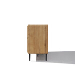 Side view of a wood buffet cabinet with black legs on a white background, showcasing ample storage.