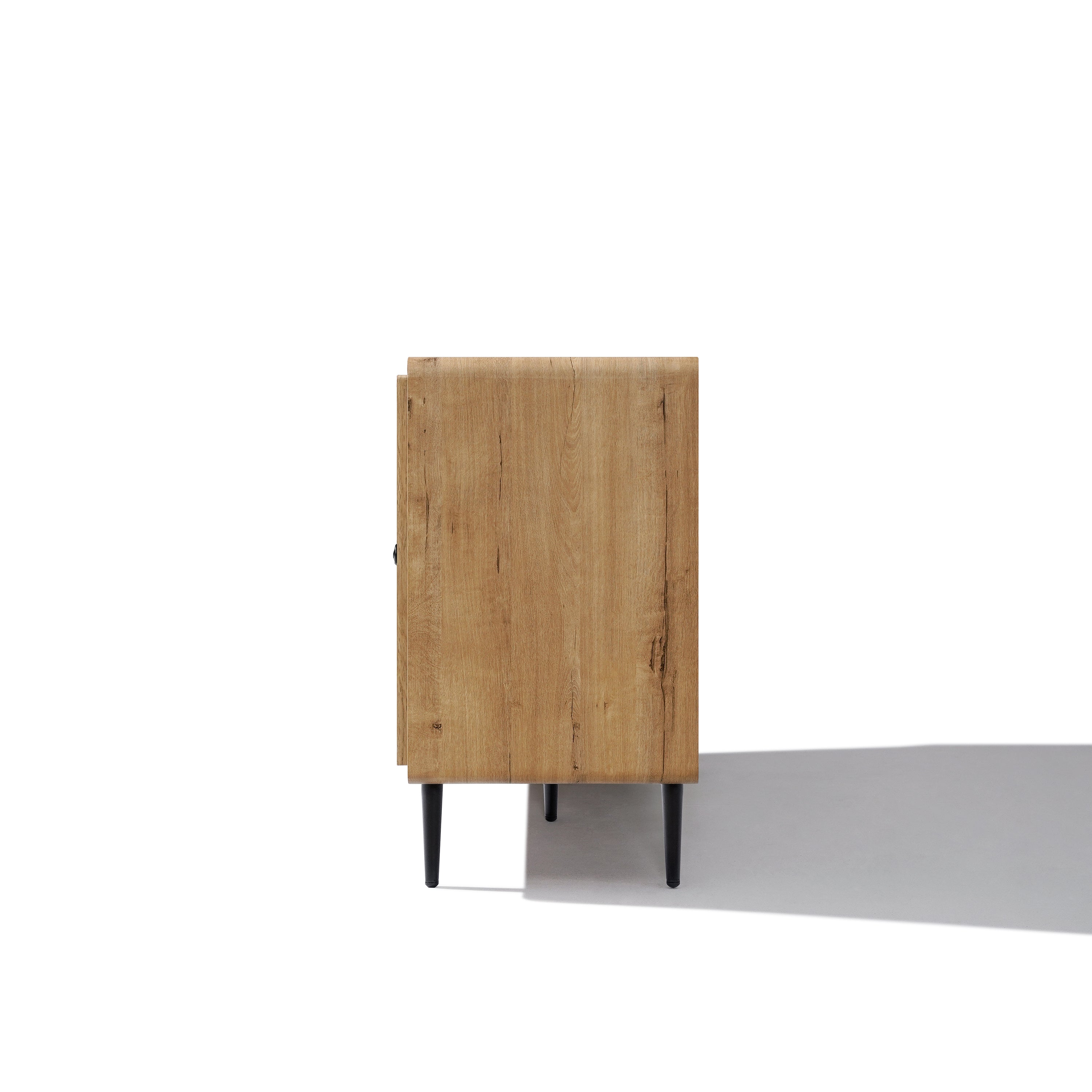 Side view of a wood buffet cabinet with black legs on a white background, showcasing ample storage.
