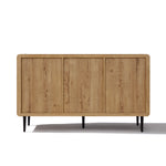 Rectangular wood buffet cabinet with three panel doors and black metal legs, offering ample storage.