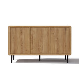 Rectangular wood buffet cabinet with three panel doors and black metal legs, offering ample storage.