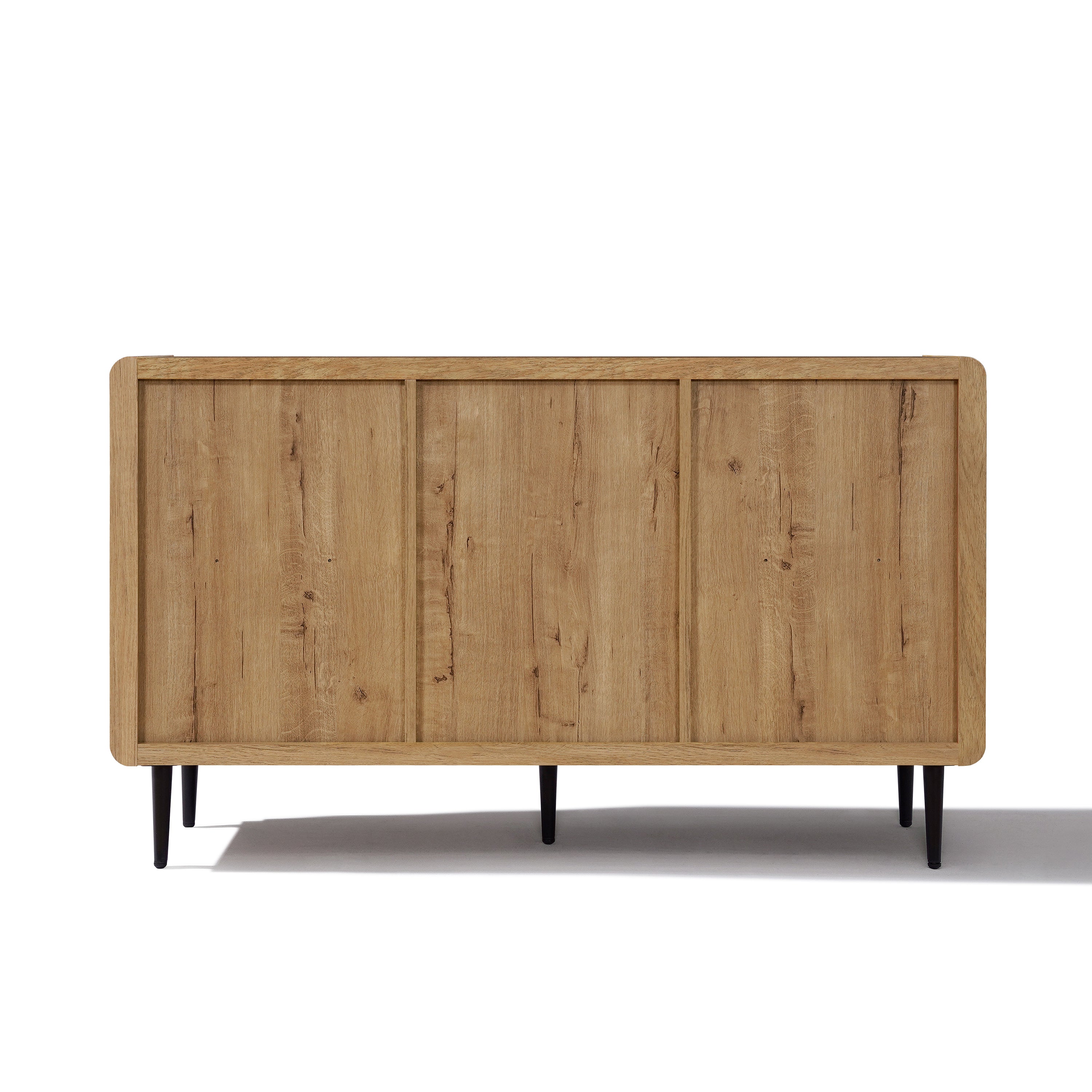 Rectangular wood buffet cabinet with three panel doors and black metal legs, offering ample storage.