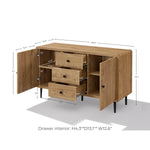 Wood buffet cabinet showcase ample storage and detailed measurements for each section, including height, width, depth.