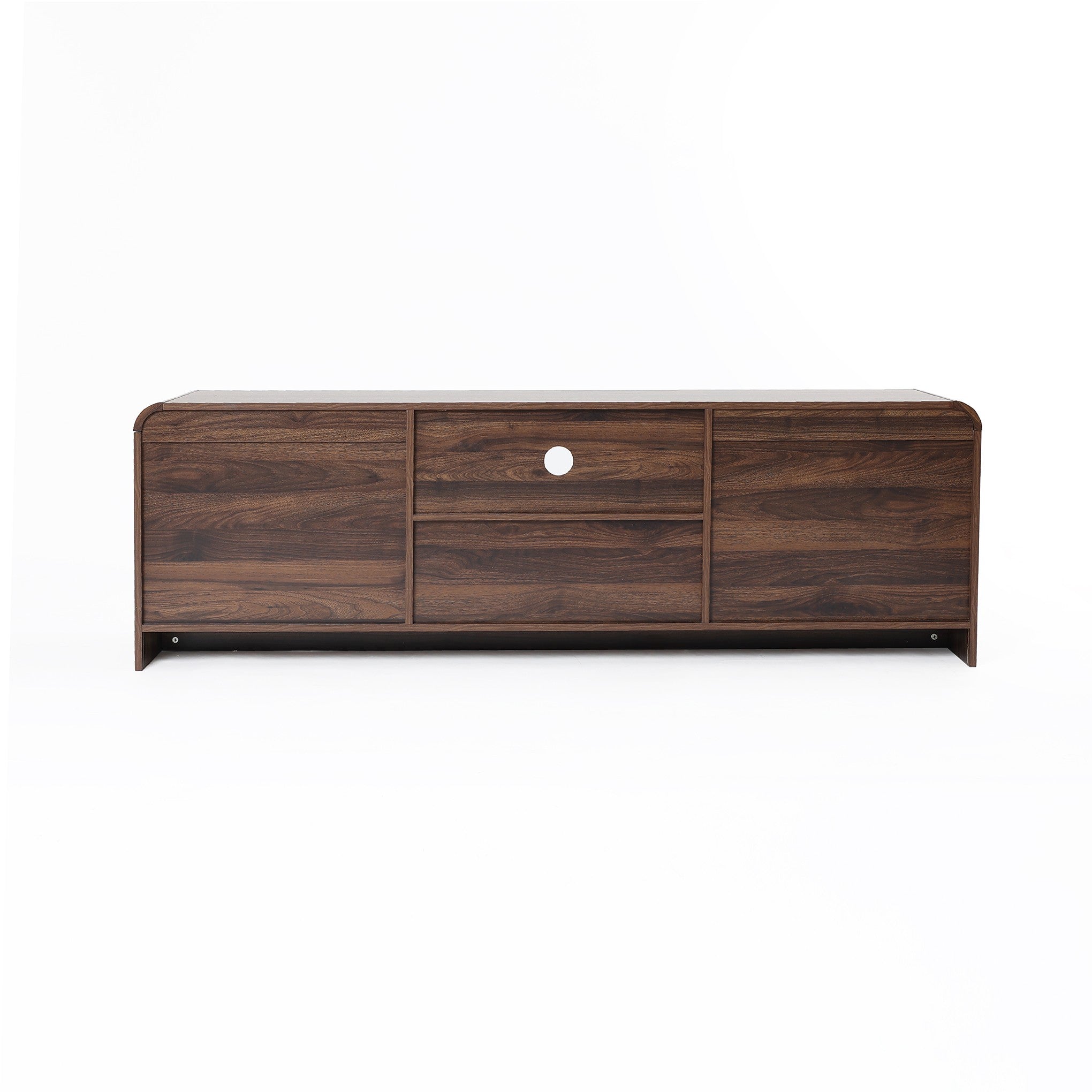 Wood storage TV console with walnut finish, featuring 3 compartments, 2 center drawers, circular cable.