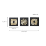 Square black wall plaques measures 15.75"H x 15.75"H x 1.18"D, when displayed side by side 47.25" w abstract metal wall art display.