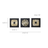 Square black wall plaques measures 15.75"H x 15.75"H x 1.18"D, when displayed side by side 47.25" w abstract metal wall art display.