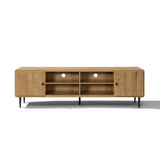 Wood TV stand with two side cabinets, four open shelves in the center, cable management holes, black metal legs.