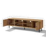 Stylish wood TV stand each section’s dimensions are clearly labeled in inches above and within the unit.